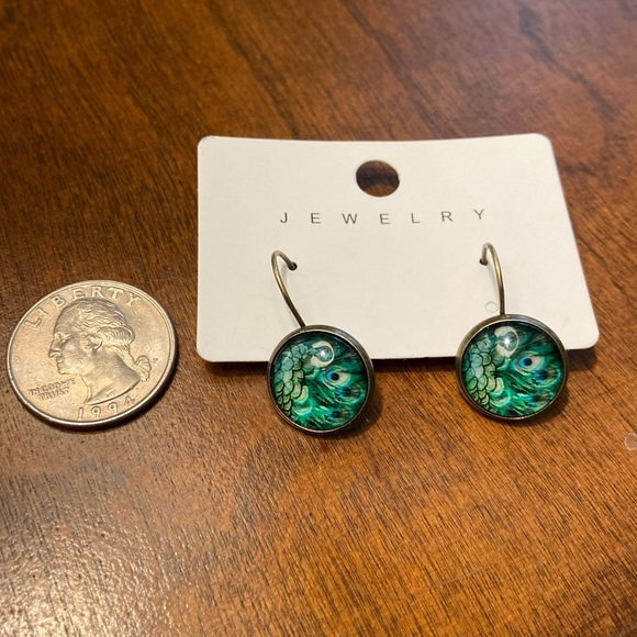 Peacock Print Drop Hoop Dangle Earrings - Picture 6 of 6